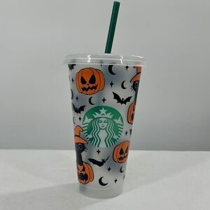 Starbucks Cup Halloween 24oz Lid Straw Cat Bat Moon Jack'olantern Orange Black